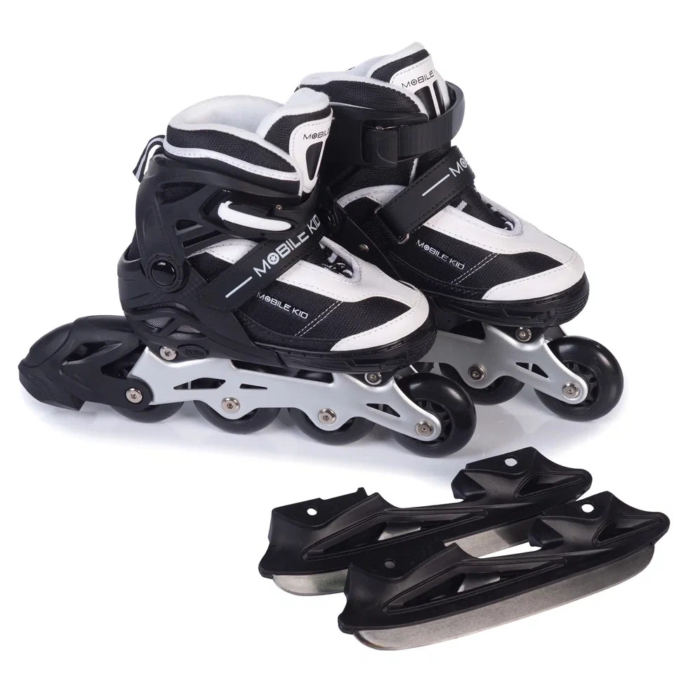Роликовые коньки с лезвиями раздвижные (2-в-1) Mobile Kid UniSkate BLACK-WHITE - фото2