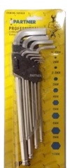 Набор ключей 6-гранных Г-образных экстра длинных с шаром 9пр.(1,5-10мм) в пластиковом держателе PARTNER PA-509XLB - фото