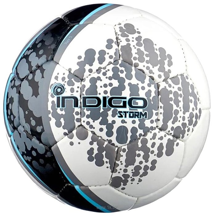 Мяч футбольный INDIGO SТORM №5, бело-голубо-серый - фото
