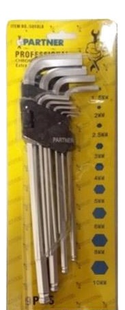 Набор ключей 6-гранных Г-образных экстра длинных с шаром 9пр.(1,5-10мм) в пластиковом держателе PARTNER PA-509XLB - фото