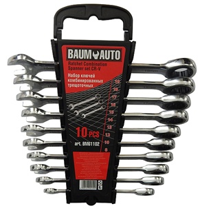 Набор ключей комбинированных трещоточных 10пр. (8,10,12-19мм) в пласт. держателе BaumAuto BM61102  - фото