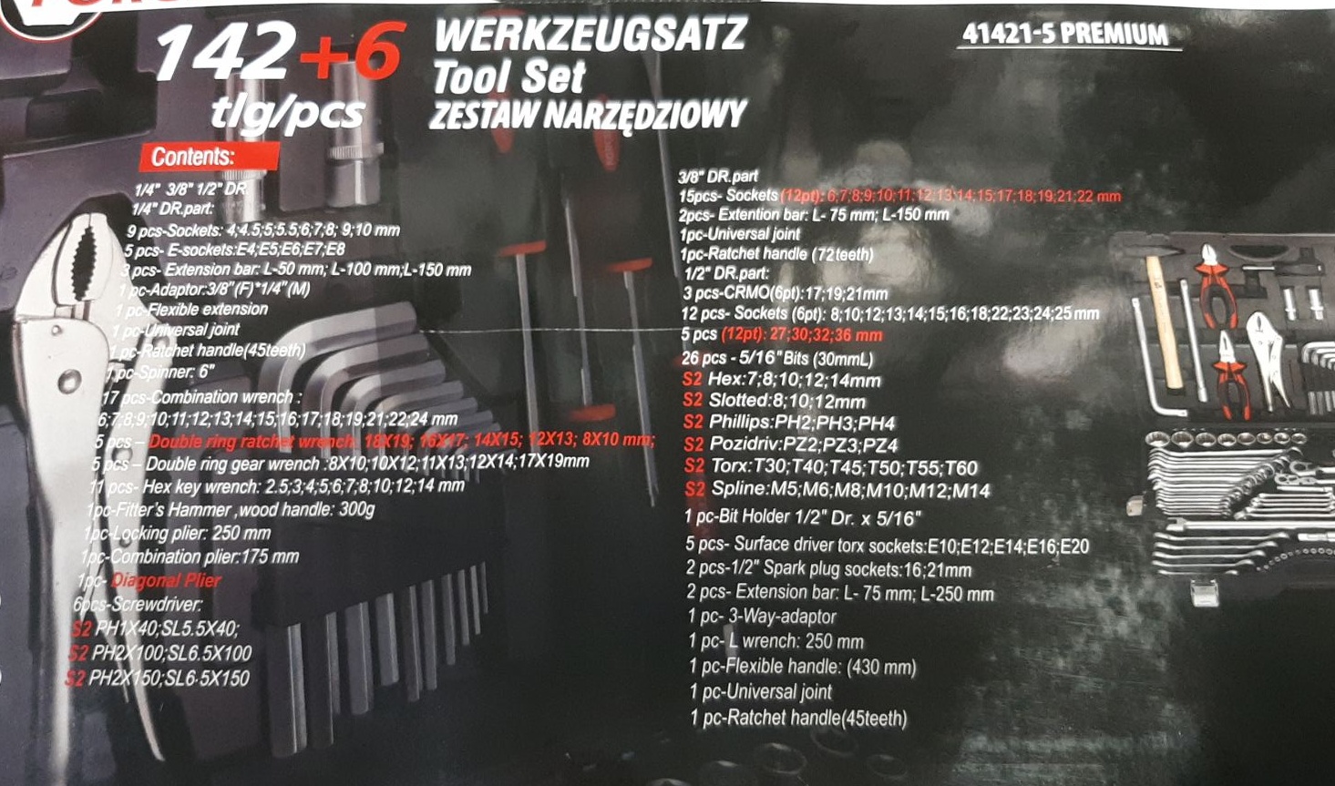 Набор инструментов 142+6пр. 1/4''3/8''1/2''(6-гран.) FORCEKRAFT FK-41421-5 PREMIUM - фото6