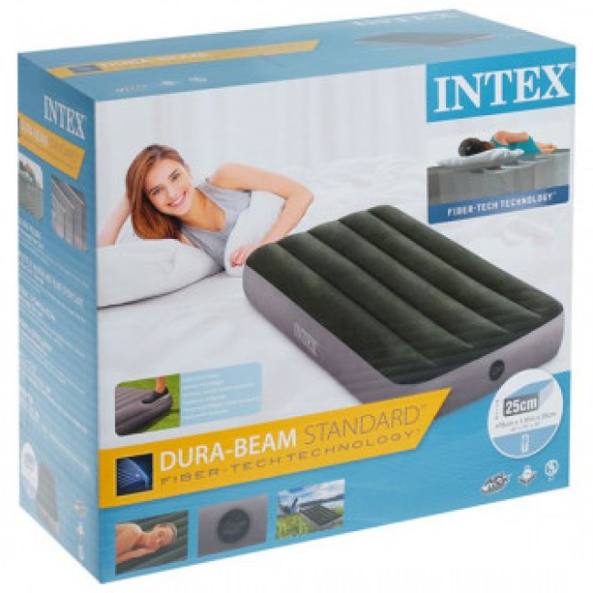 Надувной матрас Intex 64760 Classic Downy Airbed Fiber-Tech 76x191x25см, встроенный насос, Зеленый - фото2