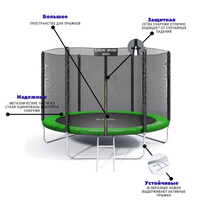 Батут Atlas Sport 312 см - 10ft Basic (с лестницей, зеленый) - фото3