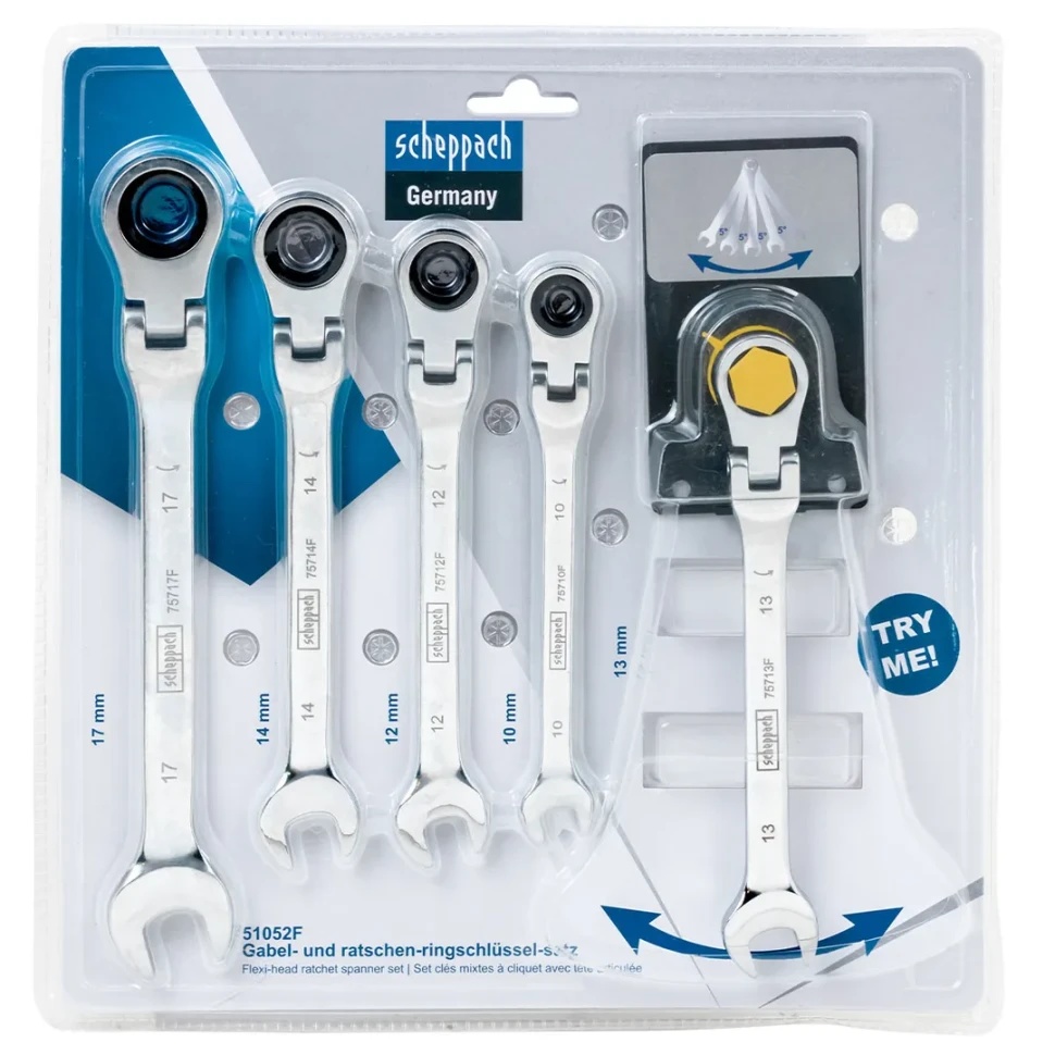 Ключи комбинированные трещоточные с шарниром, набор 5пр. (10, 12-14, 17мм) Scheppach Sch-51052F - фото