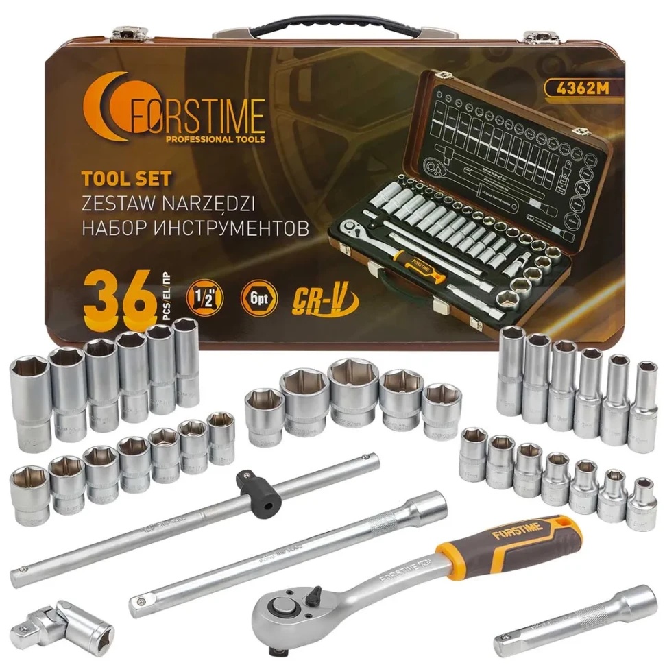 Набор инструментов 36пр. 1/2''(6гр.) (8-32мм, Cr-V), в металлическом кейсе FORSTIME FT-4362M - фото