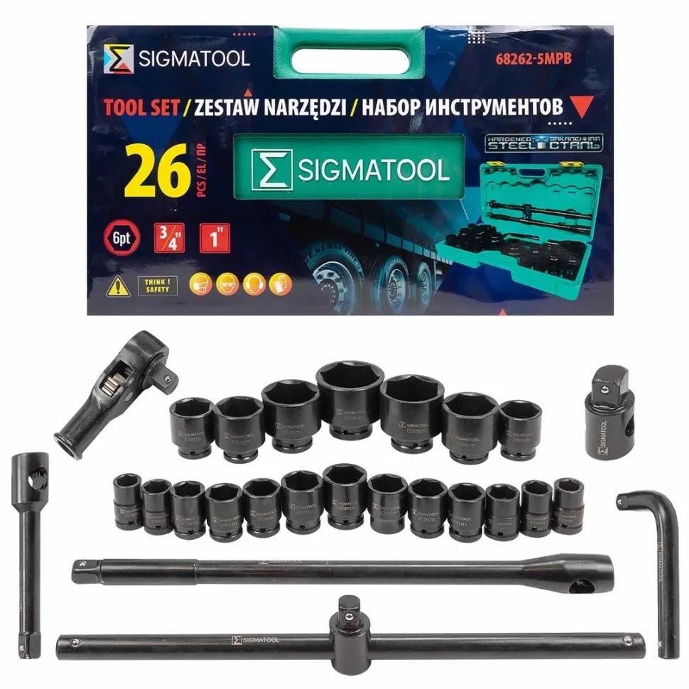 Набор инструментов, 26пр. 6гр, 3/4'' в пласт.кейсе SIGMATOOL 68262-5MPB - фото