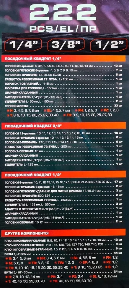 Набор инструментов 222пр. 1/4'', 3/8'', 1/2''(6гр.,12гр.) RockFORCE RF-42222-5 - фото4