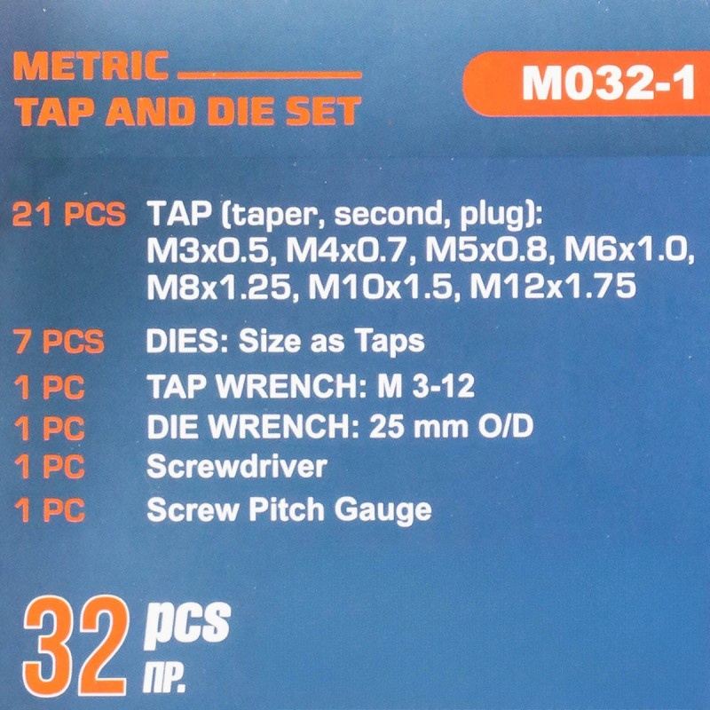 Набор метчиков и плашек, 32 пр (М3х0.5,М4х0.7,М5х0.8,М6х1.0,М8х1.25,М10х1.5,М12х1.75)  в металлическом кейсе Forsage F-M032-1 - фото5