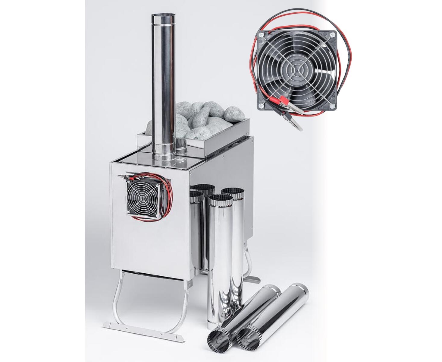 Печь ИНВЕНТ Малая, со встроенным теплообменником, с вентилятором, 565х290х470 (нерж.сталь 0,8 мм) со стационарными экранами + короб для камней - фото2