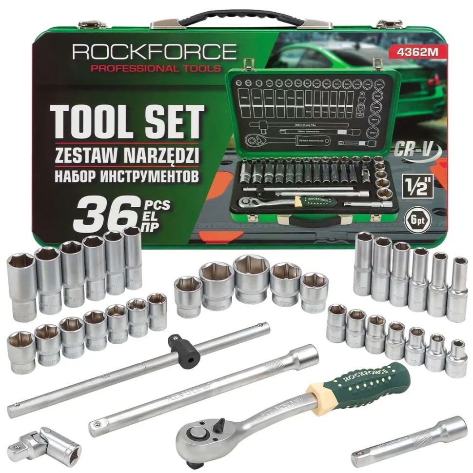 Набор инструментов 36пр. 1/2''(6гр.) (8-32мм, Cr-V), в металлическом кейсе RockFORCE RF-4362M - фото