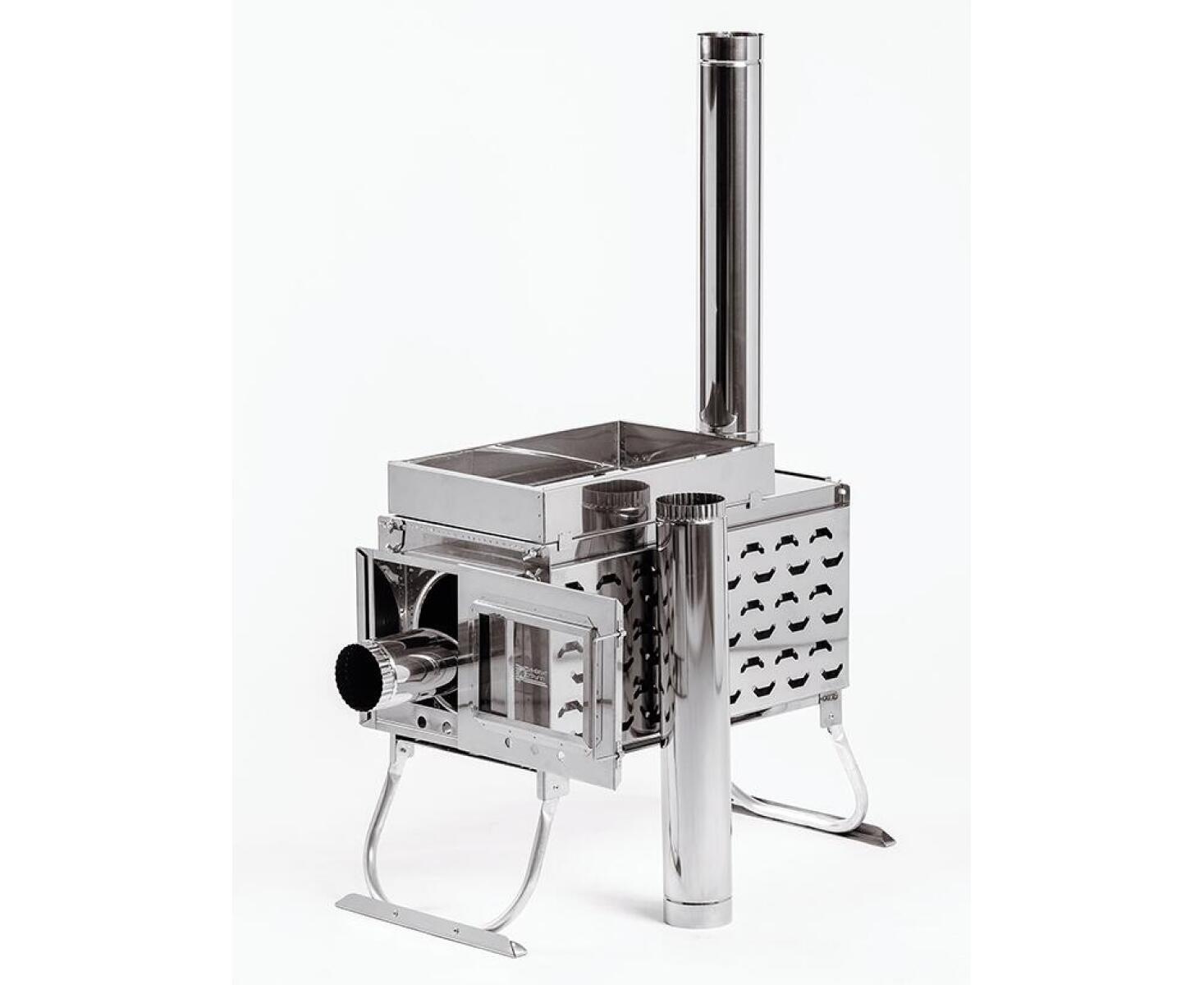 Печь-камин ИНВЕНТ ПРО для походной (мобильной) бани (нерж.сталь) со стационарнми экранами, колосником, зольником и кочергой - фото