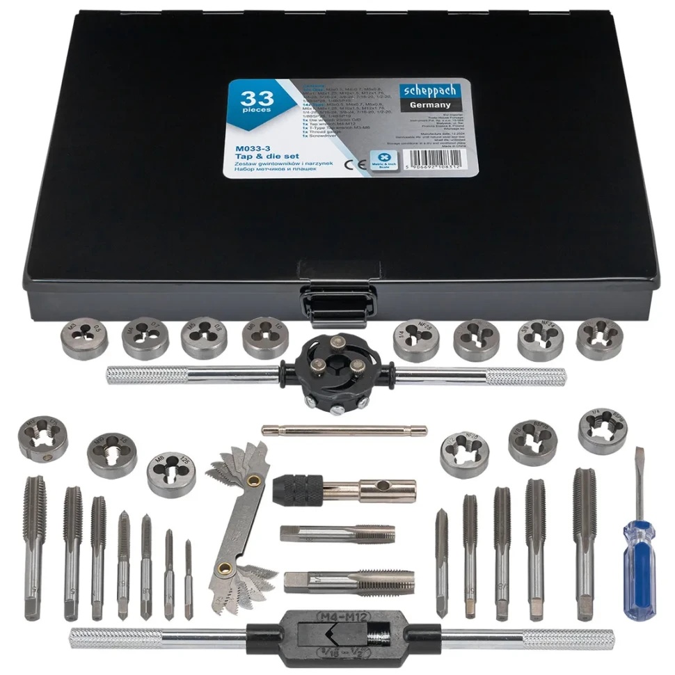 Набор метчиков и плашек 33пр.(метрич+дюйм) Scheppach Sch-M033-3 - фото