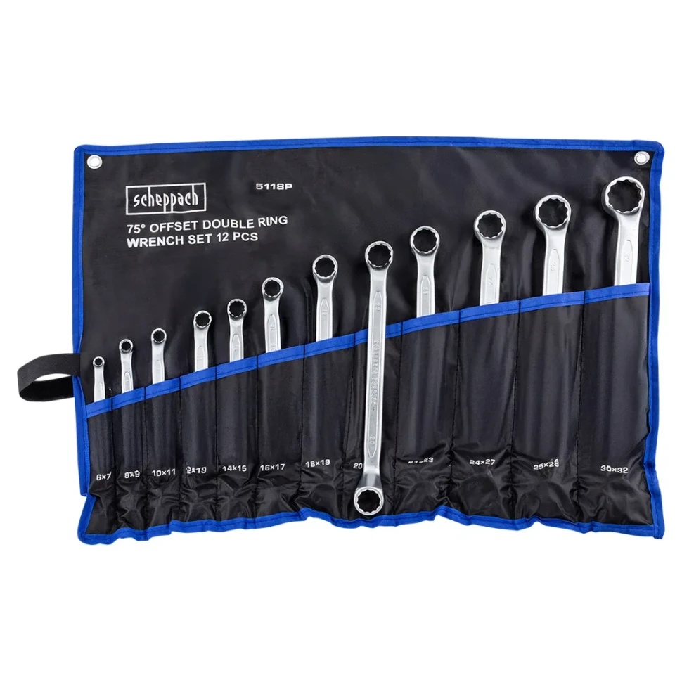 Ключи накидные отогнутые на 75 град., набор 12пр. (6х7, 8х9, 10х11, 12х13, 14х15, 16х17, 18х19, 20х22, 21х23, 24х27, 25х28, 30х32мм) Scheppach Sch-5118P - фото