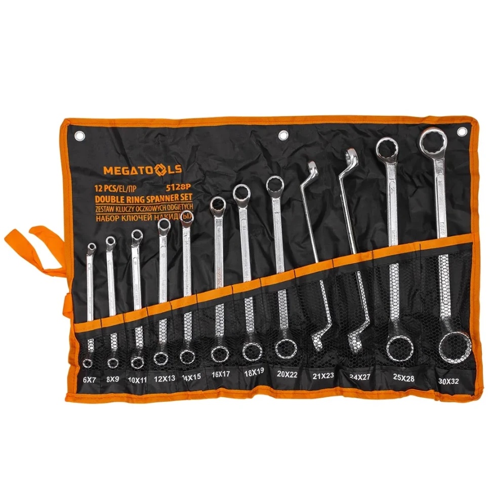 Ключи накидные, отогнутые на 75град., набор 12пр. (6х7, 8х9, 10х11, 12х13, 14х15, 16х17, 18х19, 20х22, 21х23, 24х27, 25х28, 30х32мм) MEGATOOLS MT-5128P - фото