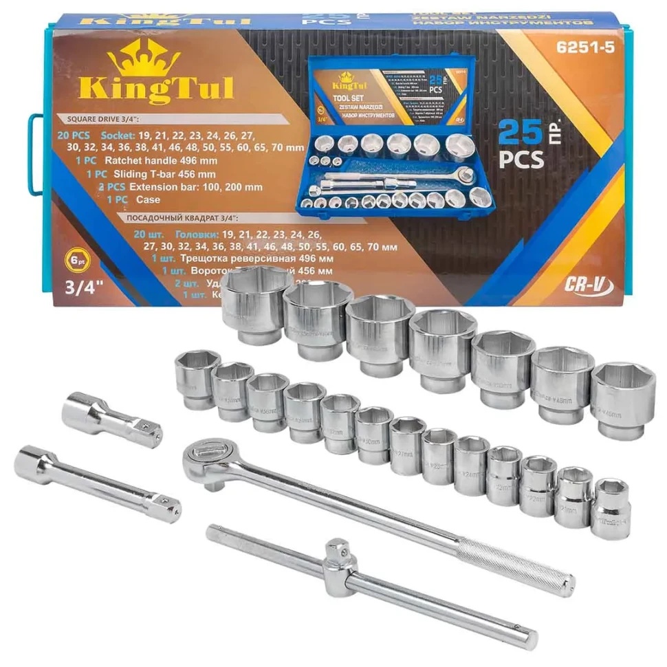 Набор инструментов 25пр. 3/4''(6гр.) в металл.кейсе KINGTUL KT-6251-5 - фото