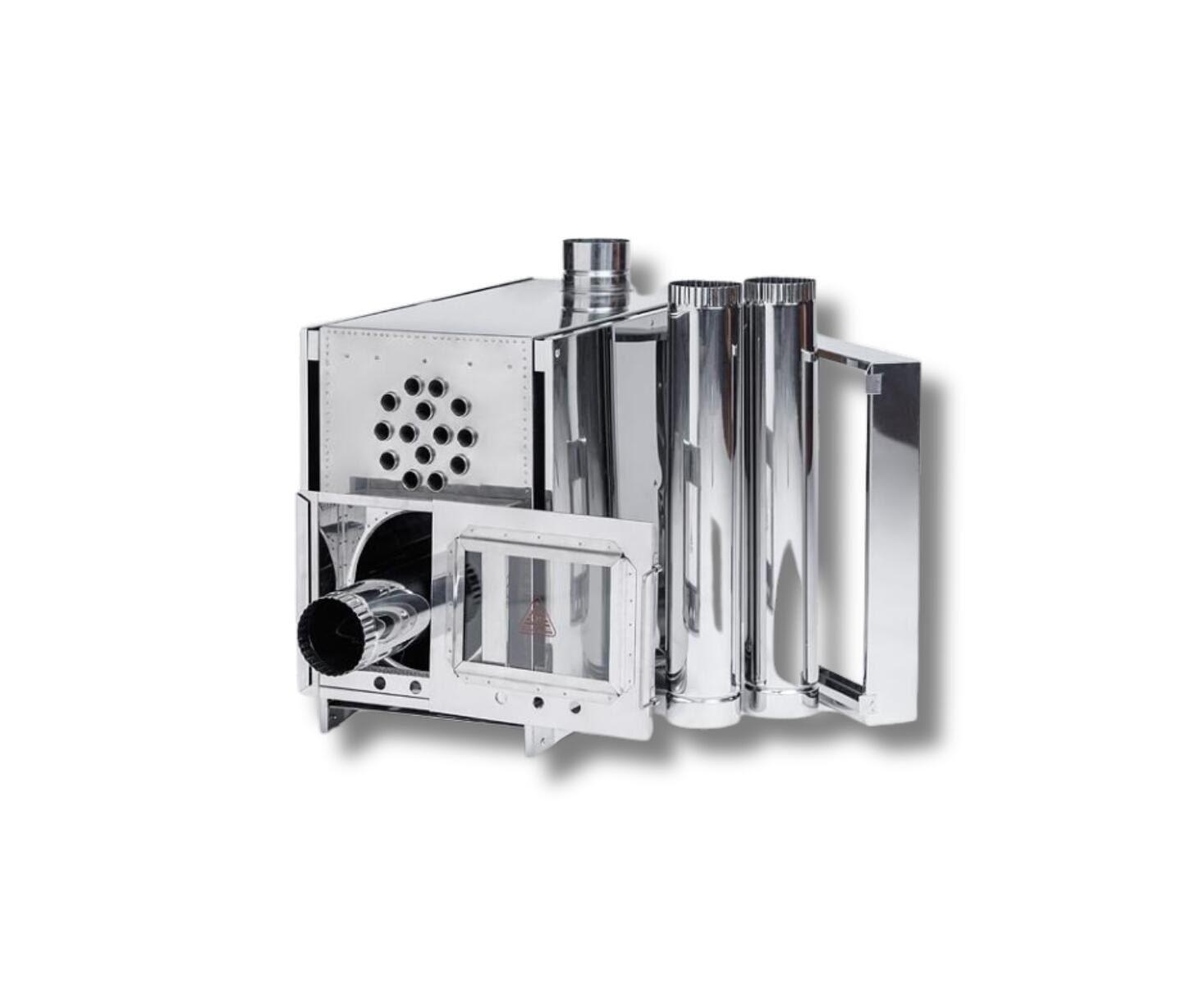 Печь-камин ИНВЕН  Средняя, со встроенным теплообменником, с вентилятором, 610х300х470 (нерж.сталь 0,8 мм) со стационарными экранами + короб для камней - фото2