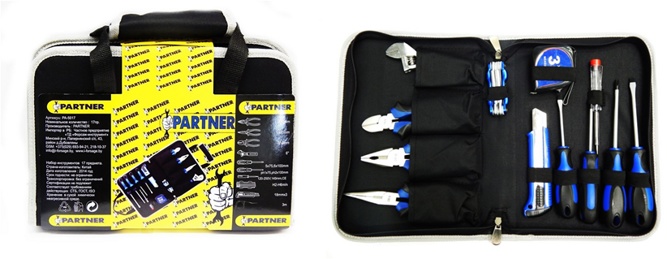 Набор инструмента 17пр. универсальный для дома (шарнирно-губцевый+отвертки,рулетка) в сумке PARTNER PA-5517 - фото