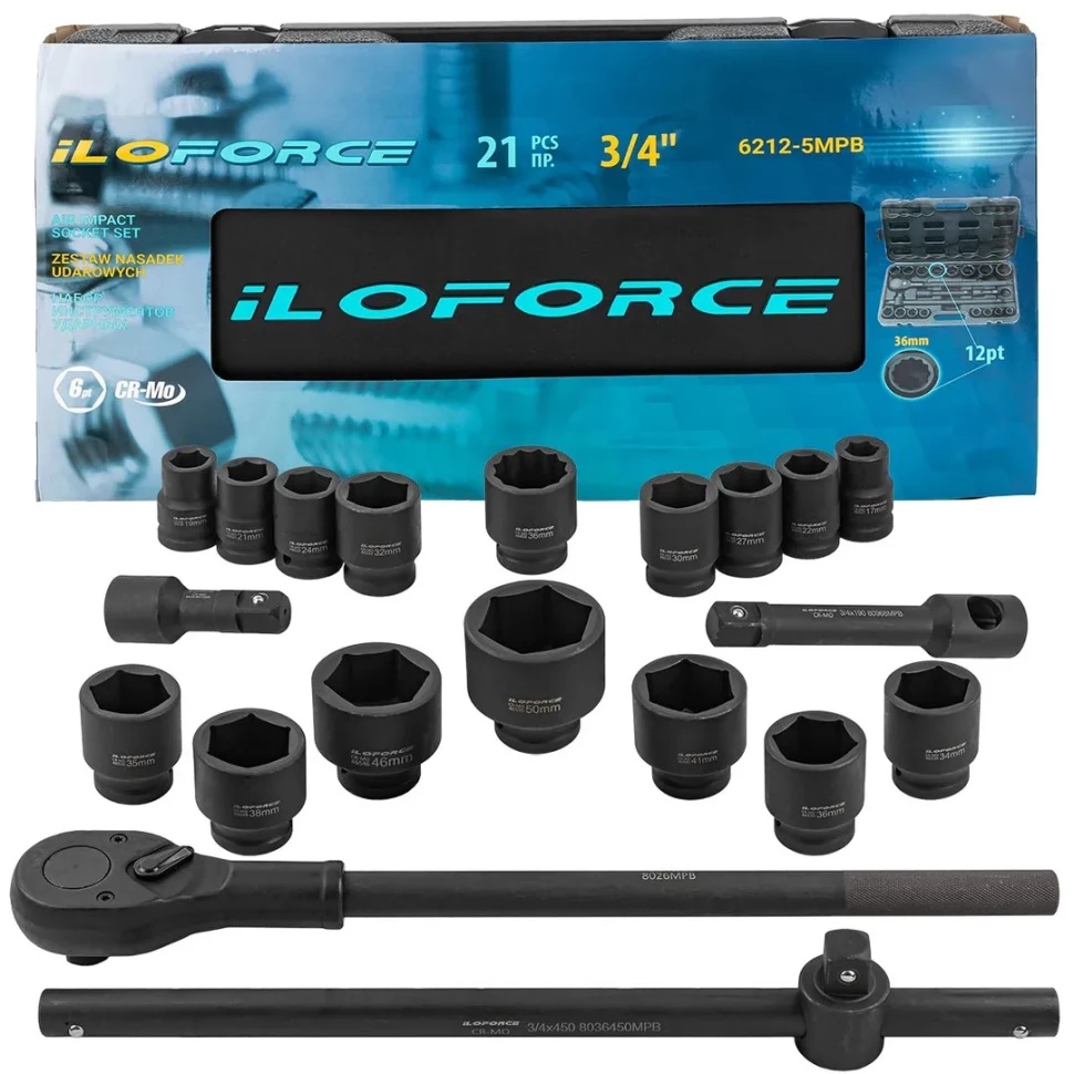 Набор инструментов ударных 21пр, 3/4''(6гр.) в метал. кейсе ILOforce IF-6212-5MPB - фото