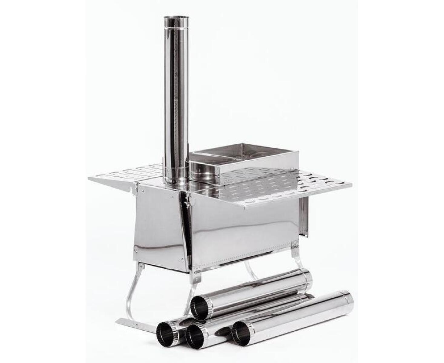 Печь-камин ИНВЕНТ ПРО для походной (мобильной) бани (нерж.сталь) со стационарнми экранами, колосником, зольником и кочергой - фото4