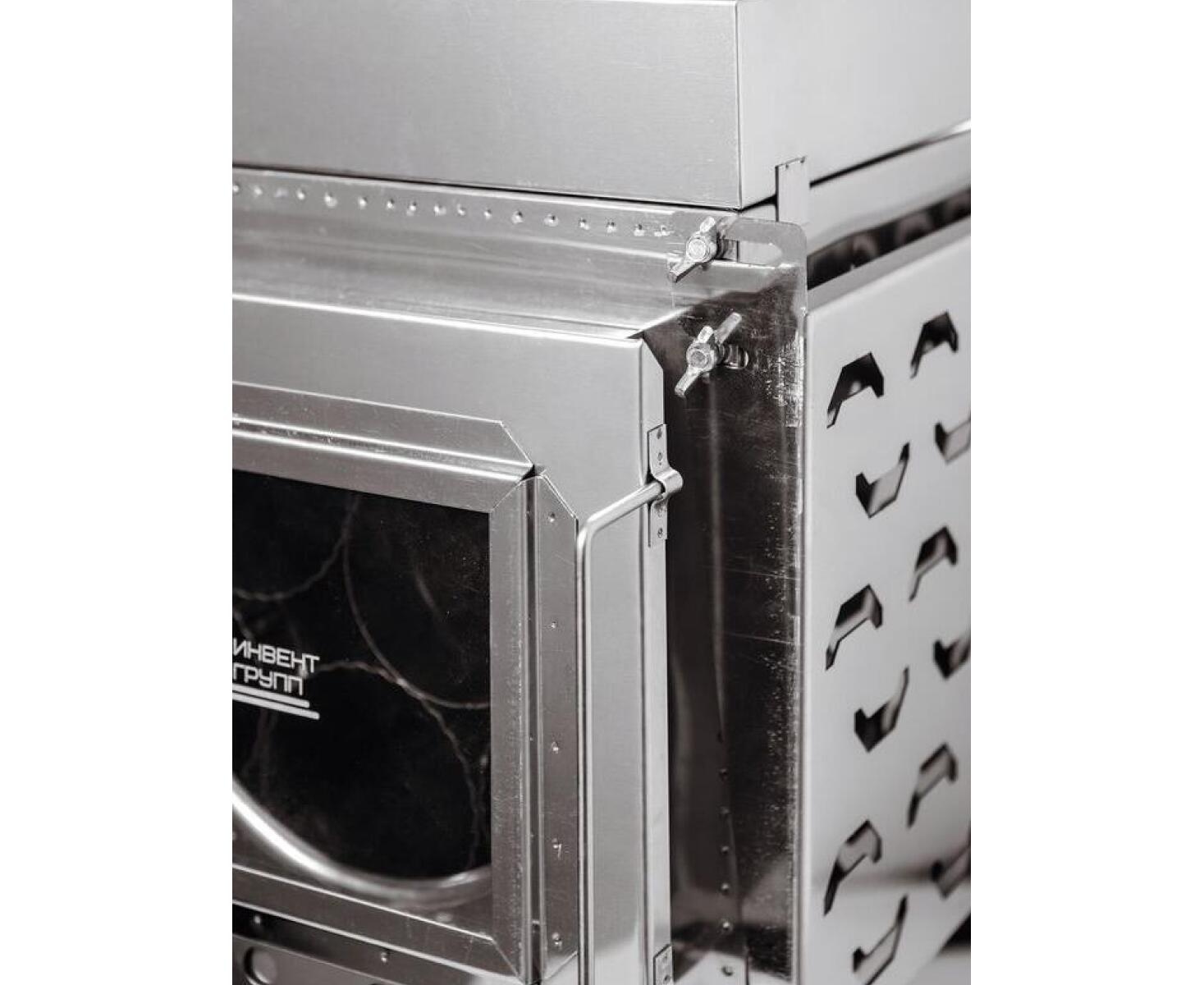Печь-камин ИНВЕНТ ПРО для походной (мобильной) бани (нерж.сталь) со стационарнми экранами, колосником, зольником и кочергой - фото3