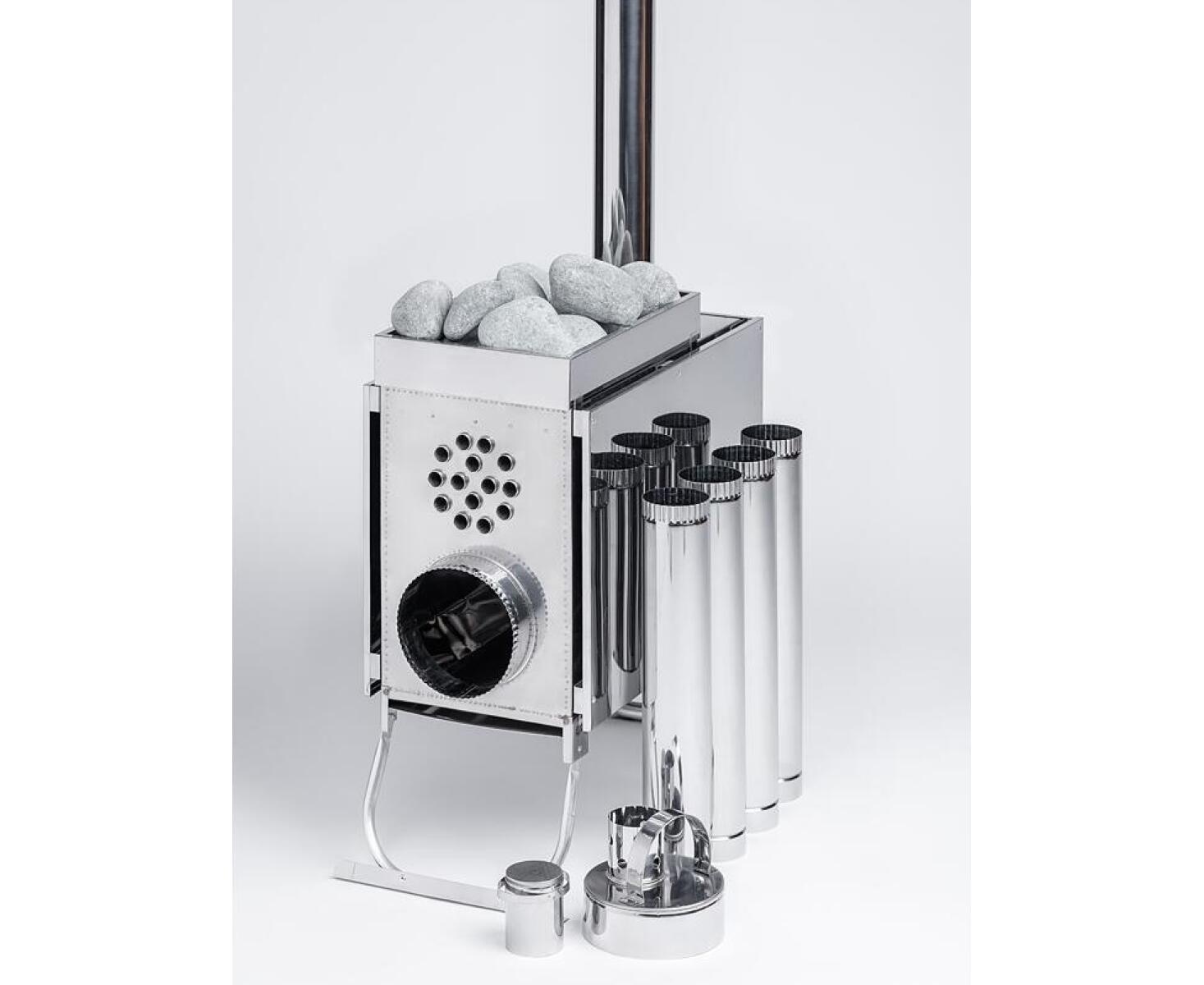 Печь ИНВЕНТ Малая, со встроенным теплообменником, с вентилятором, 565х290х470 (нерж.сталь 0,8 мм) со стационарными экранами + короб для камней - фото