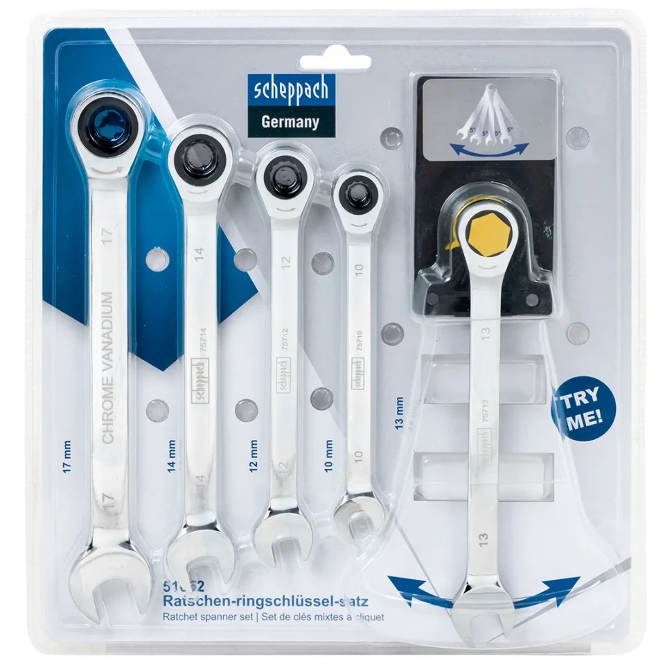 Ключи комбинированные трещоточные, набор 5пр. (10, 12-14, 17мм) Scheppach Sch-51052 - фото