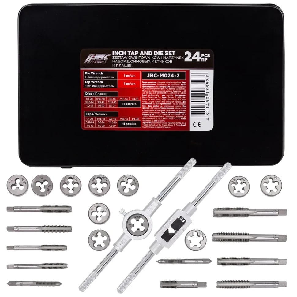 Набор метчиков и плашек дюймовый 24пр. (1/4, 5/16, 3/8, 7/16, 1/2) JBC-M024-2 - фото