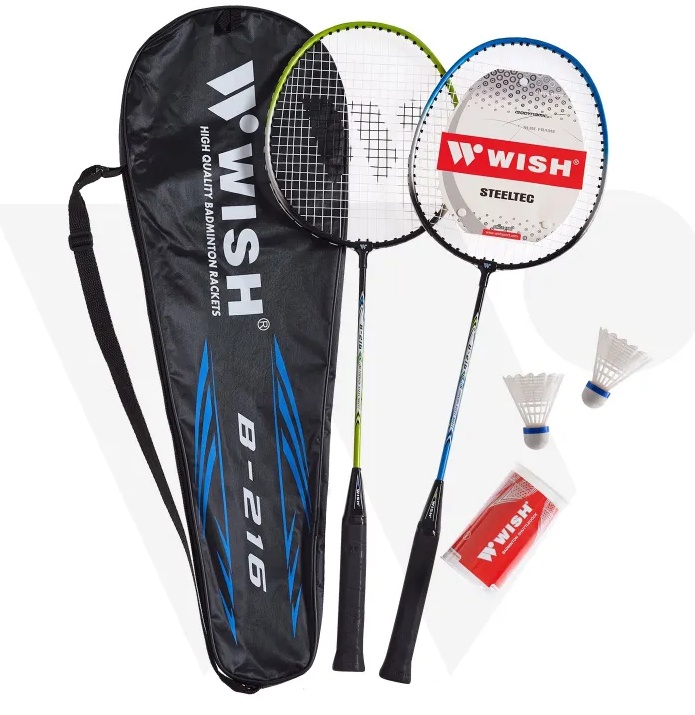 Набор для бадминтона WISH Steeltec 216 (2 ракетки + 2 волана + чехол), зеленый/синий - фото