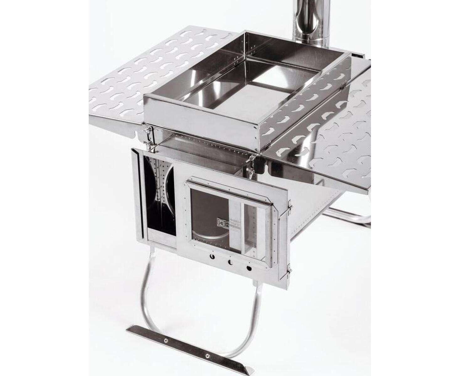 Печь-камин ИНВЕНТ ПРО для походной (мобильной) бани (нерж.сталь) со стационарнми экранами, колосником, зольником и кочергой - фото2