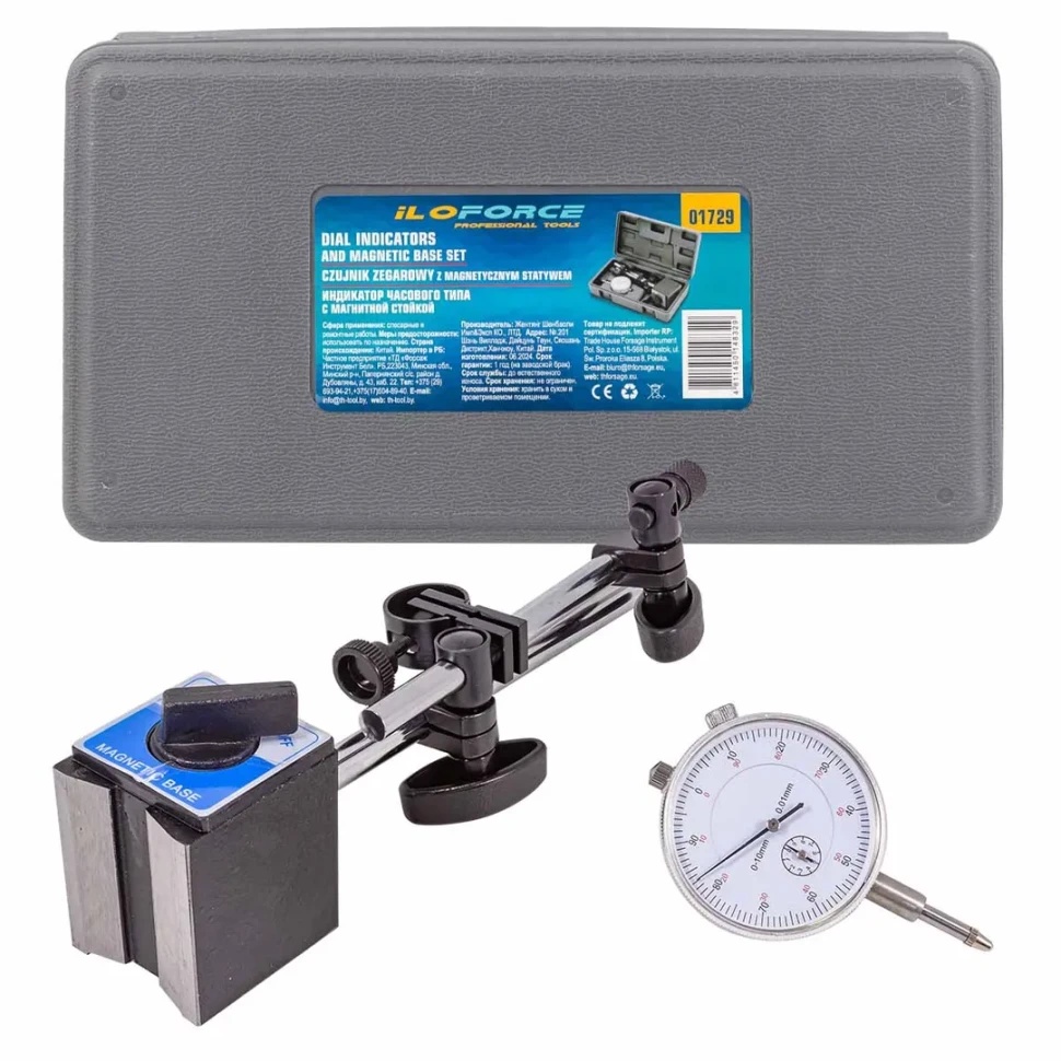Индикатор часового типа с магнитной стойкой (0-10мм, погрешность-0,01мм), в пласт.кейсе ILOforce IF-01729 - фото