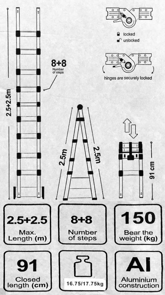 Лестница-стремянка телескопическая алюм. бытовая 2.5+2.5м (8+8 ступ.) Scheppach Sch-UP250-M - фото6