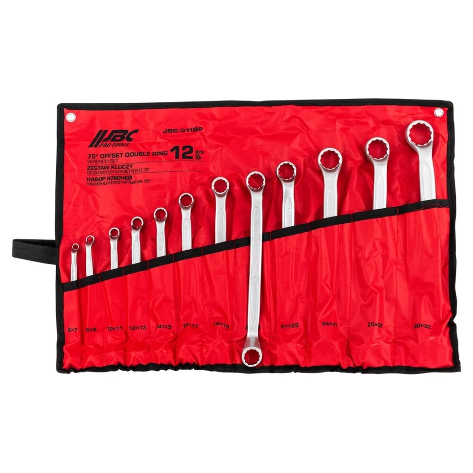 Ключи накидные отогнутые на 75град., набор 12пр. (6х7, 8х9, 10х11, 12х13, 14х15, 16х17, 18х19, 20х22, 21х23, 24х27, 25х28, 30х32мм) JBC-5118P - фото