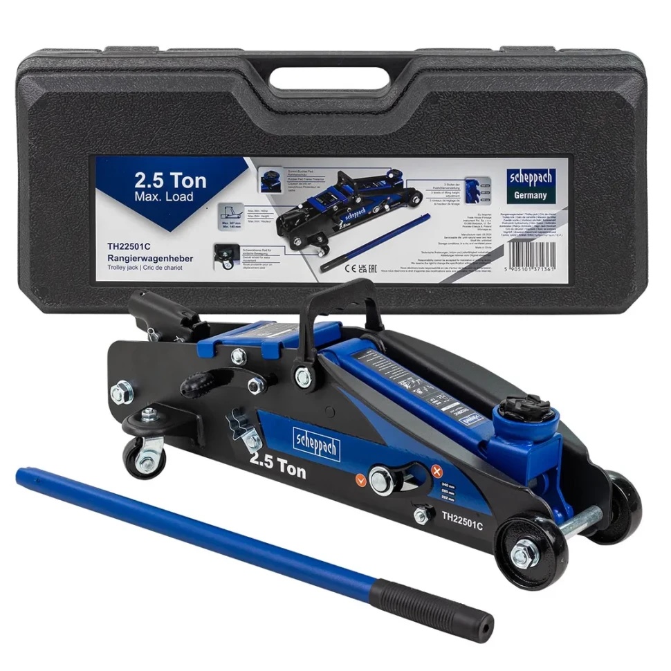 Домкрат подкатной гидравлический 2.5т с фиксацией (h min 140мм, h max 387мм) в кейсе Scheppach Sch-TH22501C - фото