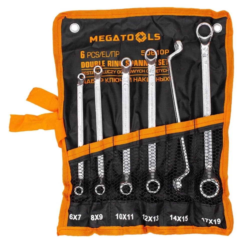 Ключи накидные, отогнутые на 75град., набор 6пр. (6х7, 8х9, 10х11, 12х13, 14х15, 17х19мм) MEGATOOLS MT-50610P - фото