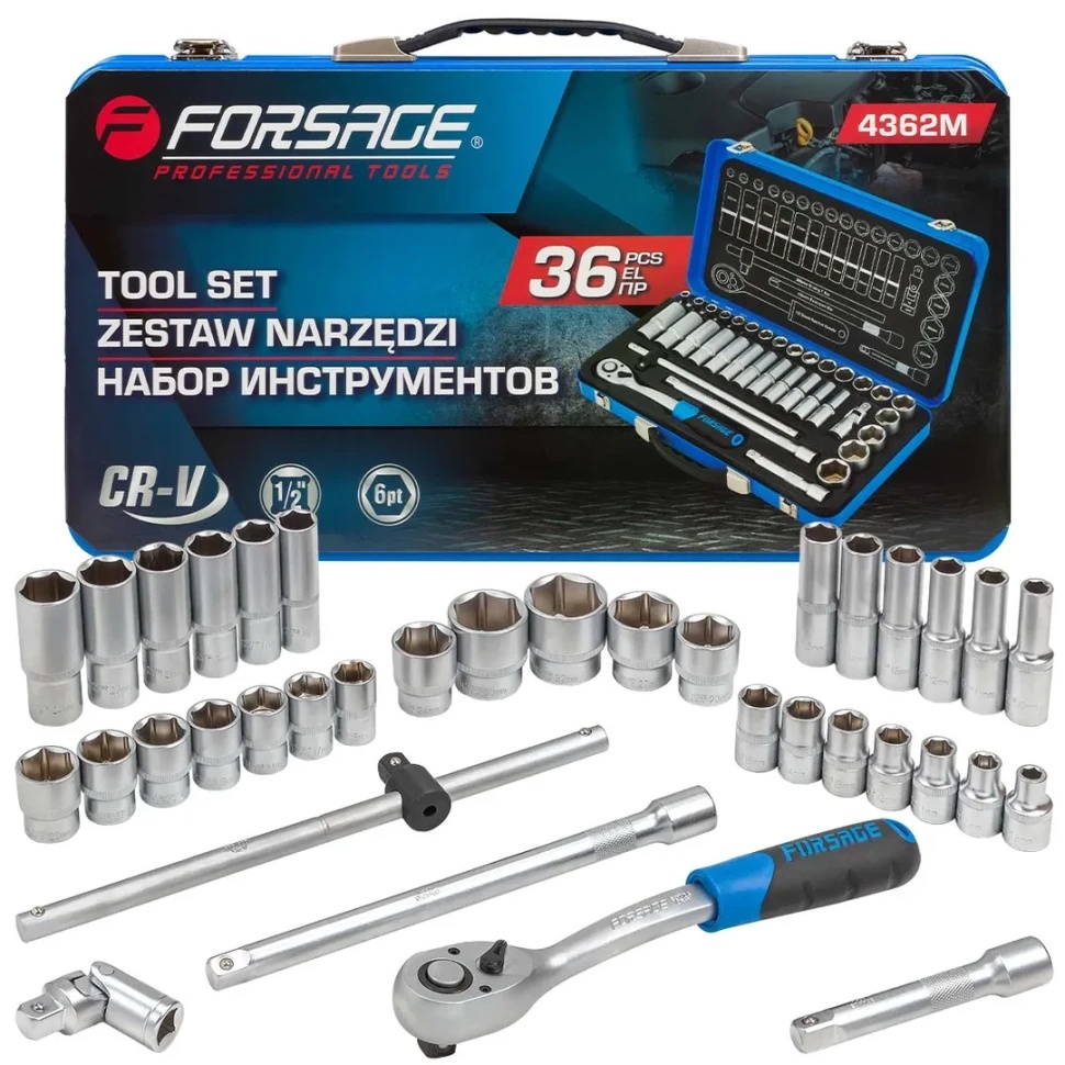 Набор инструментов 36пр. 1/2''(6гр.) (8-32мм, Cr-V), в металлическом кейсе FORSAGE F-4362M - фото