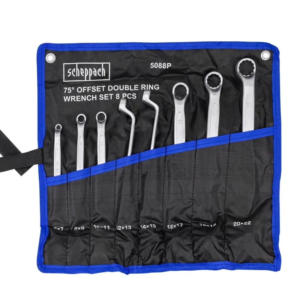 Ключи накидные отогнутые на 75град., набор 8пр. (6х7, 8х9, 10х11, 12х13, 14х15, 16х17, 18х19, 20х22мм) Scheppach Sch-5088P - фото