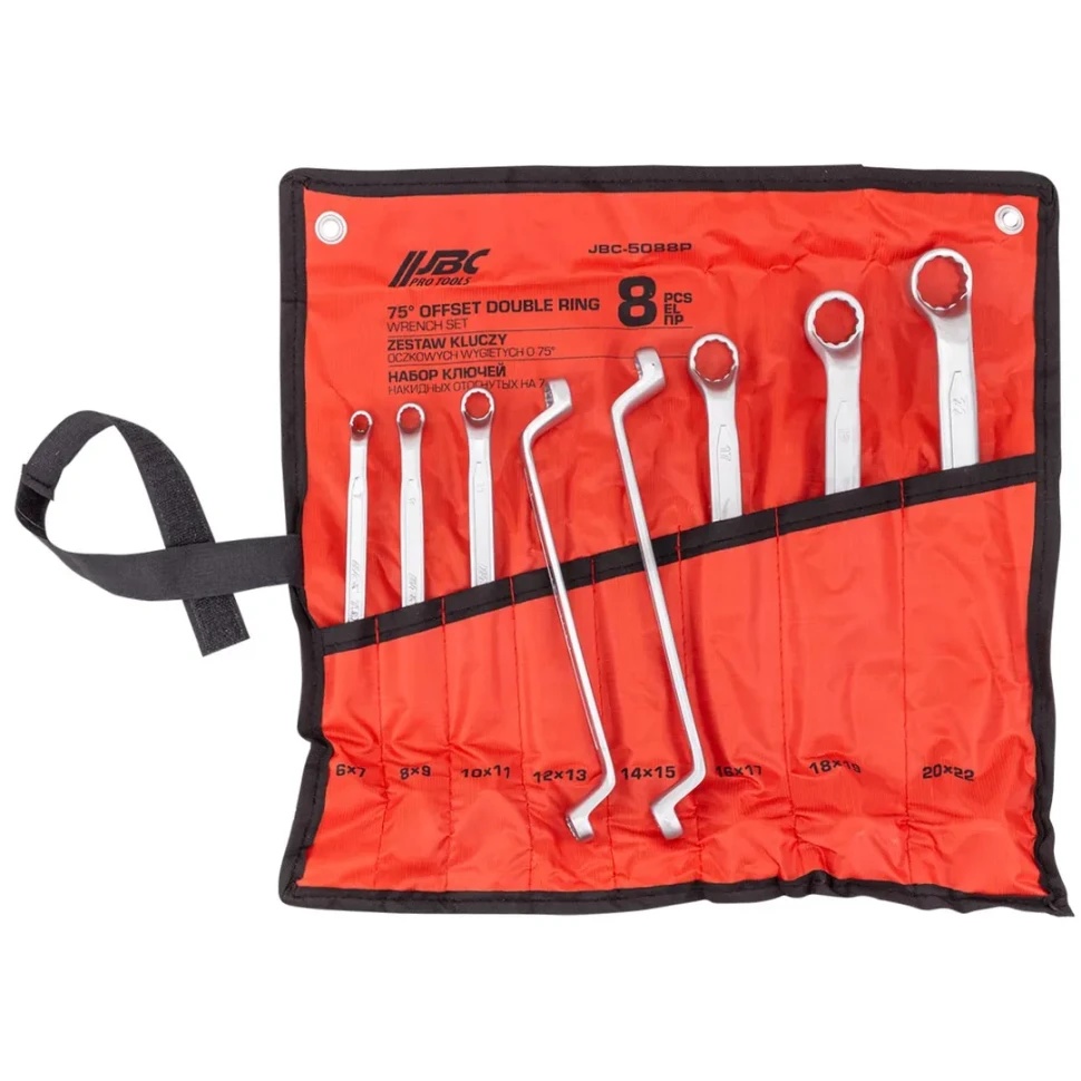 Ключи накидные отогнутые на 75град., набор 8пр. (6х7, 8х9, 10х11, 12х13, 14х15, 16х17, 18х19, 20х22мм) JBC-5088P - фото