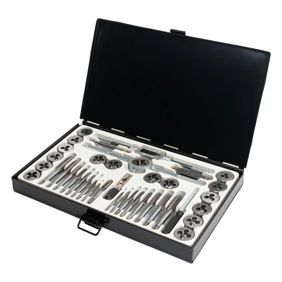 Набор метчиков и плашек метрический 40пр. (М3х0.5/0.6, М4х0.7/0.75, М5х0.8/0.9, М6х0.75/1, М7х0.75/1,М8х1/1.25, М10х1.25/1.5, М12х1.5/1.75), в металли Rock Force RF-M040-1 - фото