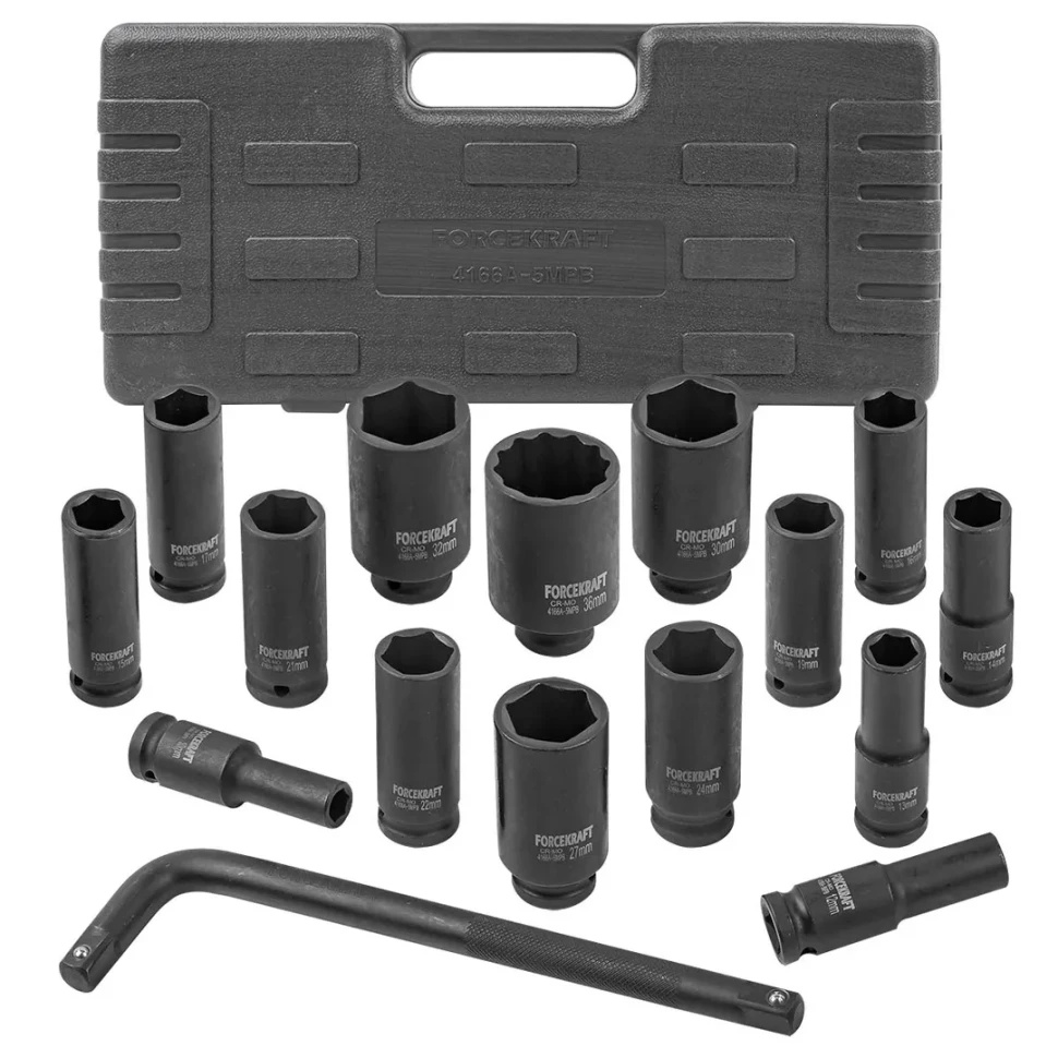 Набор головок ударных глубоких с Г-образным воротком 1/2''15+1пр.(6-гр) в кейсе FORCEKRAFT FK-4166A-5MPB - фото
